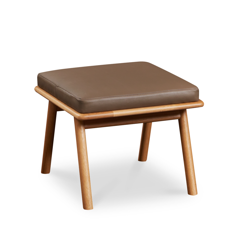 Solid white oak wood Scandinavian style Nautilus Ottoman with leather cushions from Maine's Chilton Furniture Co.