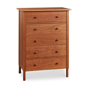 five drawer clothes storage chest with round legs in cherry wood