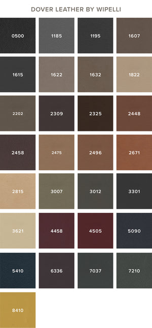 29 color swatches of Dover Leather options by Wipelli for Chilton Furniture's Nautilus Lounge Chair